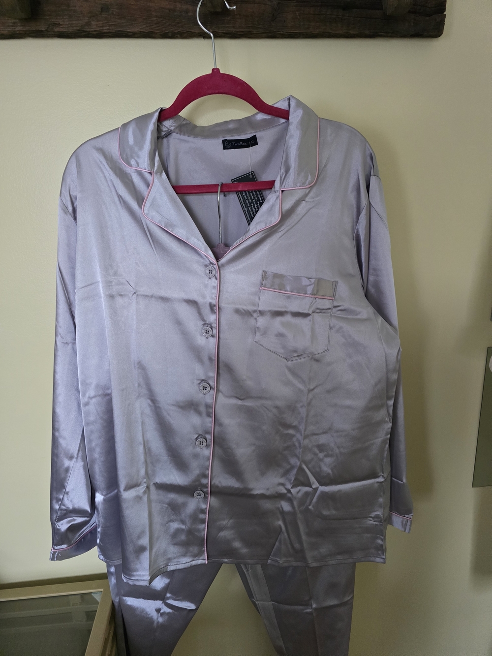 Silky Satin Long Sleeve Pajama Set - Silver with Pink Piping